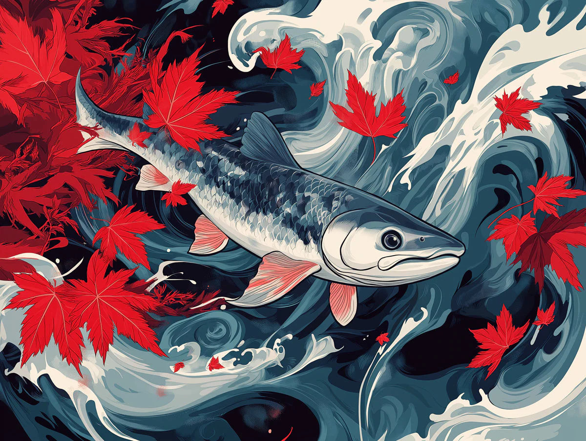 Salmon and Maple Leaves Various Colors (Red, Blue, etc.) of Salmon and Maple Leaves Mural Wallpaper - room preview 02
