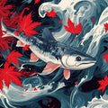 Salmon and Maple Leaves Various Colors (Red, Blue, etc.) of Salmon and Maple Leaves Mural Wallpaper - room preview 02