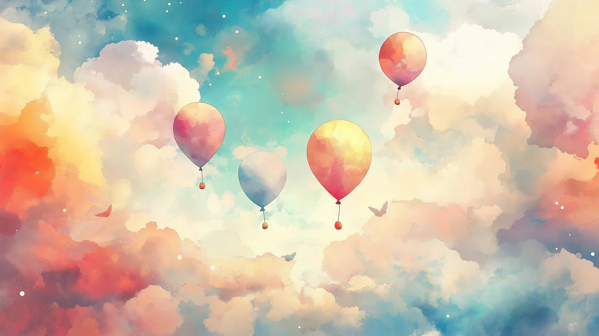 Hot Air Balloon and Clouds Various Colors (Blue, Orange, etc.) of Balloons Mural Wallpaper - room preview 02