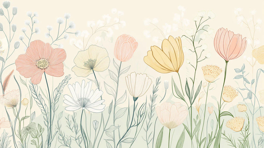 Kids Room Wallpaper Mural – Children Wall Mural for bedroom – Floral in Bedroom Various Colors (Pink, Yellow, etc.) of Flowers printable artwork