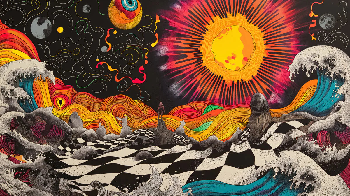 Abstract Sun and Waves Mural Wallpaper in Office Various Colors (Black, Red, etc.) Sun and Eyes Mural Wallpaper - room preview 02