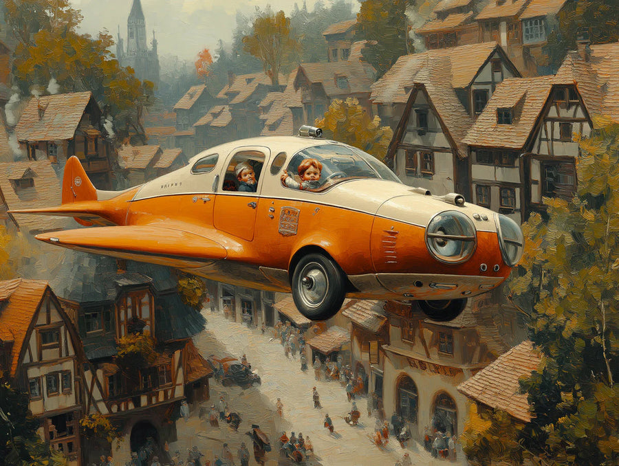 Kids Room Wallpaper Mural – Children Wall Mural for bedroom – Vintage Airplane and Village in Bedroom Various Colors (Orange, Brown, etc.) of Airplane printable artwork