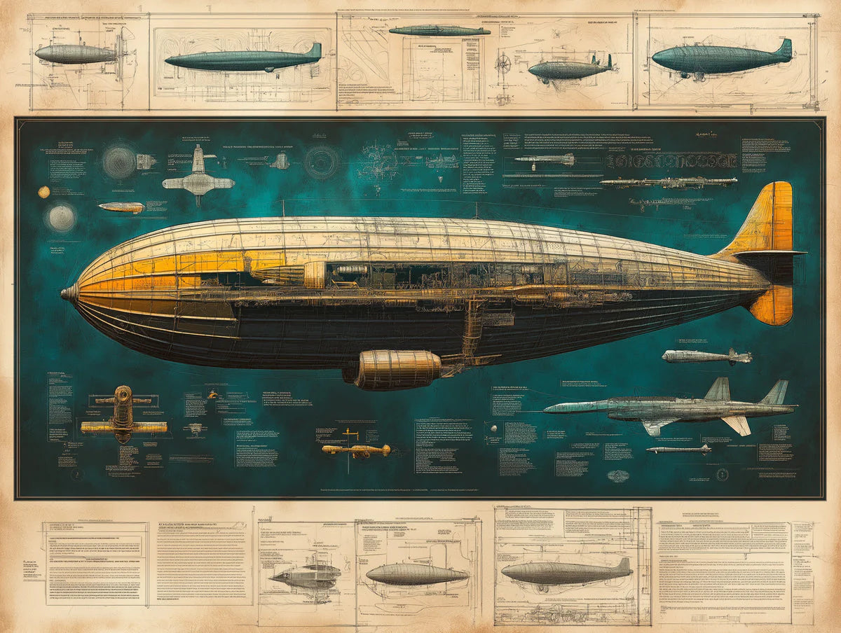 Vintage Airship Blueprint Mural Wallpaper — Industrial Aesthetic Mural Wallpaper - room preview 02