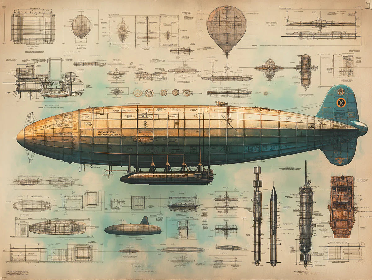 Vintage Airship Blueprint Mural Wallpaper — Industrial Nostalgia Mural Wallpaper - room preview 02