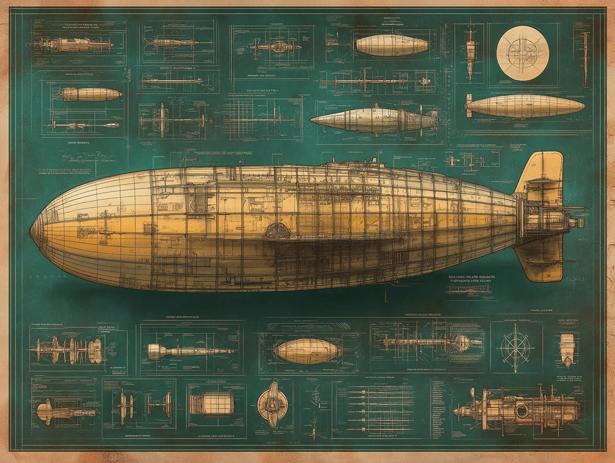 Vintage Airship Blueprint Mural Wallpaper — Industrial Aesthetic Mural Wallpaper - room preview 02