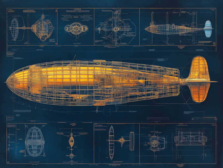 Nautical Wallpaper Mural – Maritime Wall Mural – Vintage Airship Blueprint — Industrial Nautical printable artwork
