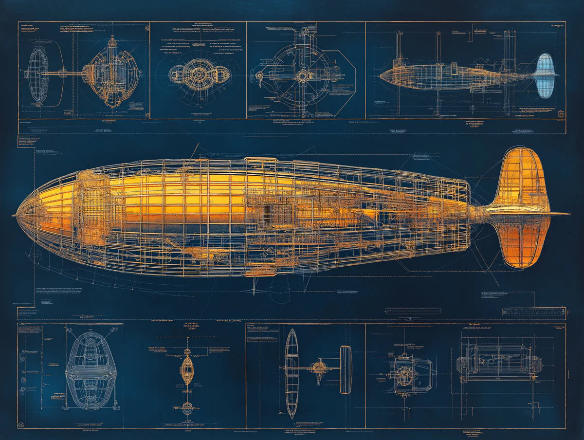 Vintage Airship Blueprint Mural Wallpaper — Industrial Nautical Mural Wallpaper - room preview 02