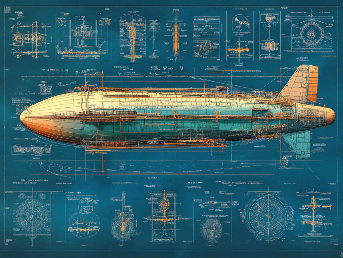 Vintage Airship Blueprint Mural Wallpaper — Industrial Style Mural Wallpaper - room preview 02