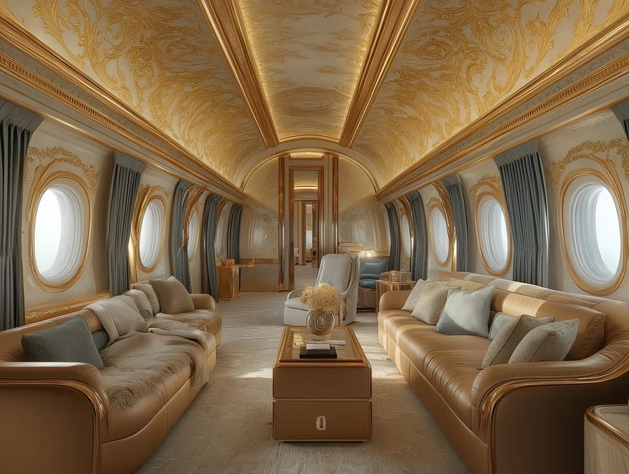Opulente Flugzeug-Innenwandtapete – Luxuriöse Wandtapete in Gold und Creme printable artwork