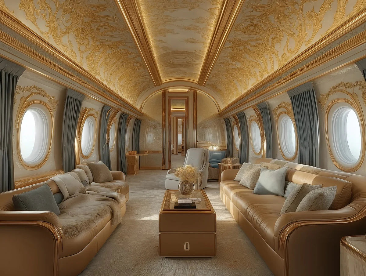 Opulent Airplane Interior Mural Wallpaper — Gold and Cream Luxury Mural Wallpaper - room preview 02