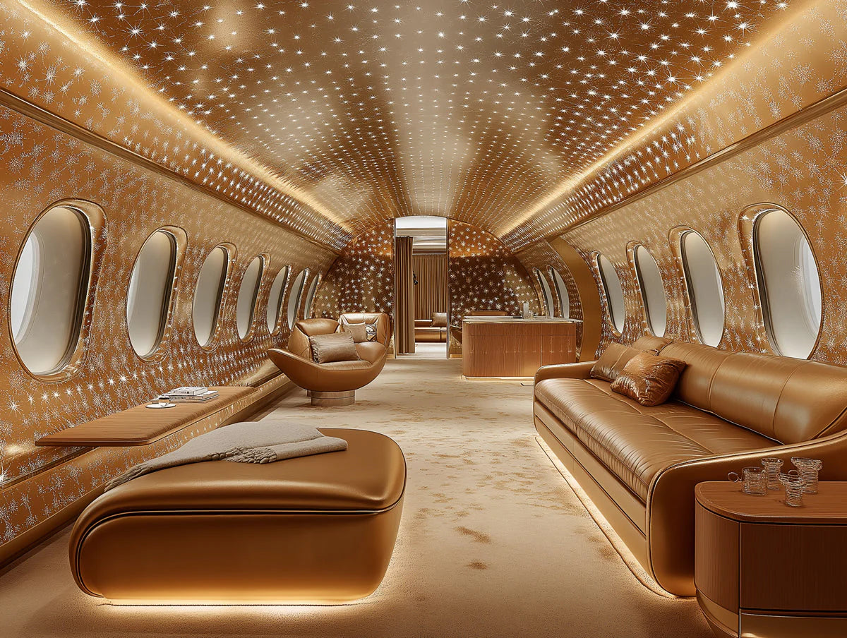 Starlit Golden Airplane Cabin Mural Wallpaper — Opulent Motif Mural Wallpaper - room preview 02