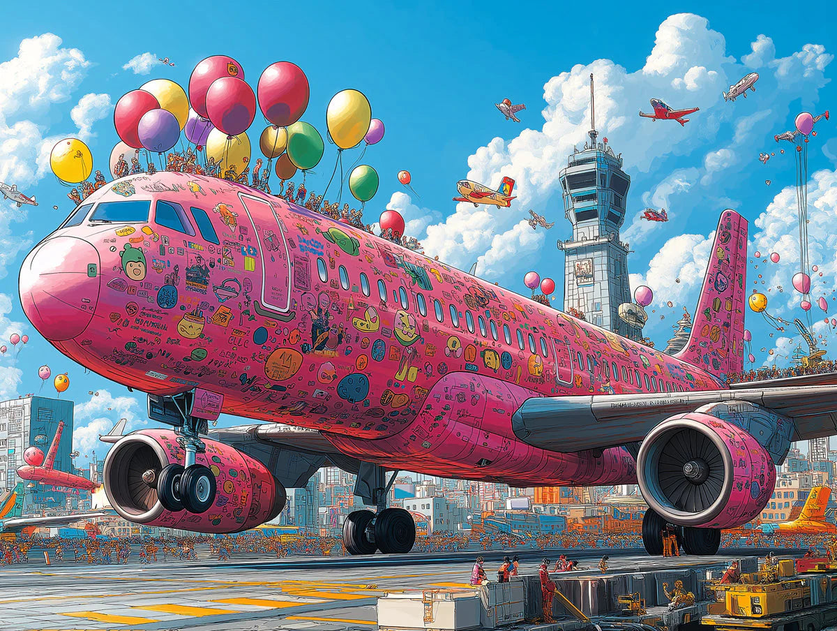 Sticker-Covered Pink Airplane Mural Wallpaper — Whimsical Aviation Mural Wallpaper - room preview 02