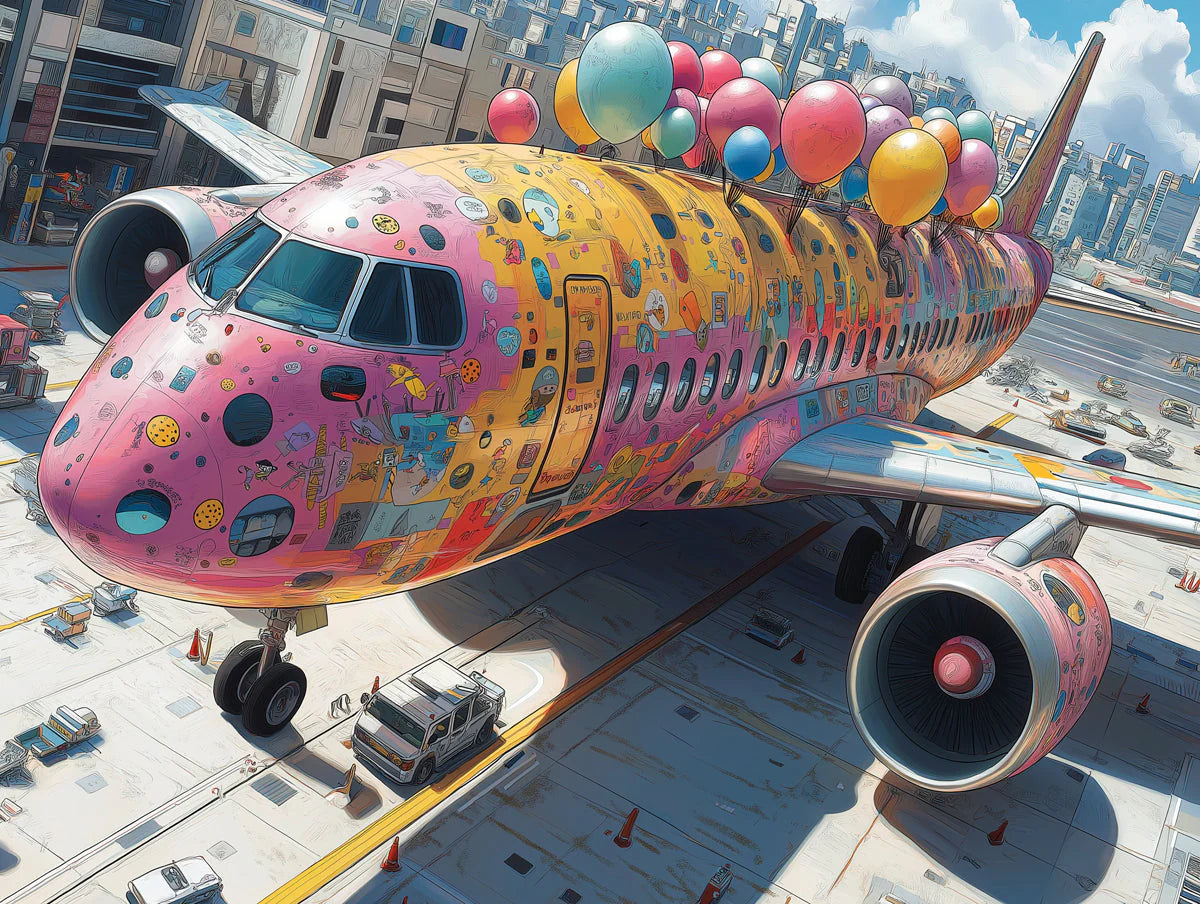 Decorated Airplane Mural Wallpaper — Whimsical Aviation Art Mural Wallpaper - room preview 02