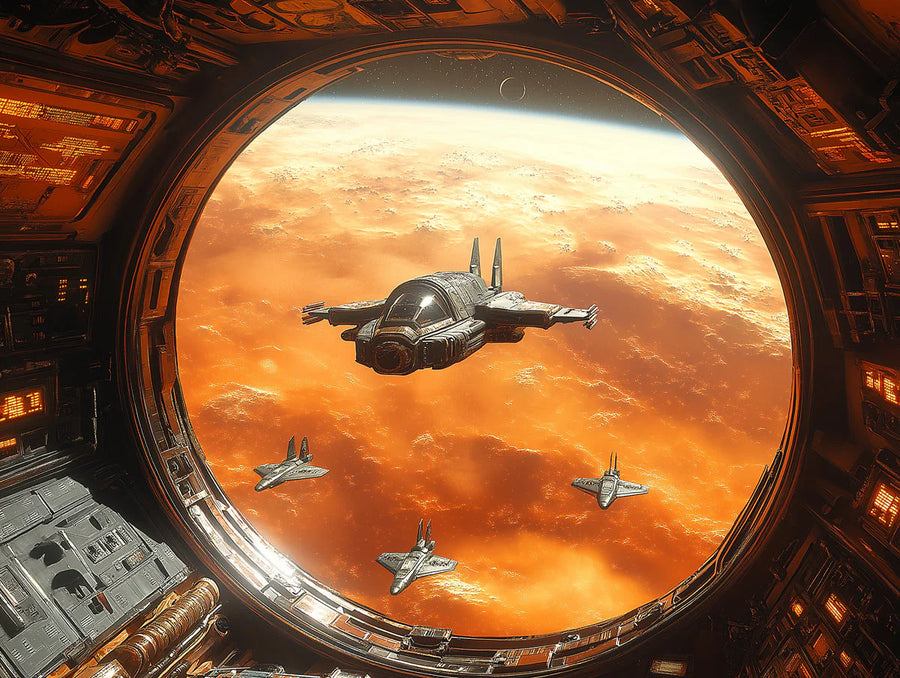 Galaxy Wallpaper Mural – Space Wall Mural – Deep Space Fighter Jet — Sci-Fi Command View printable artwork