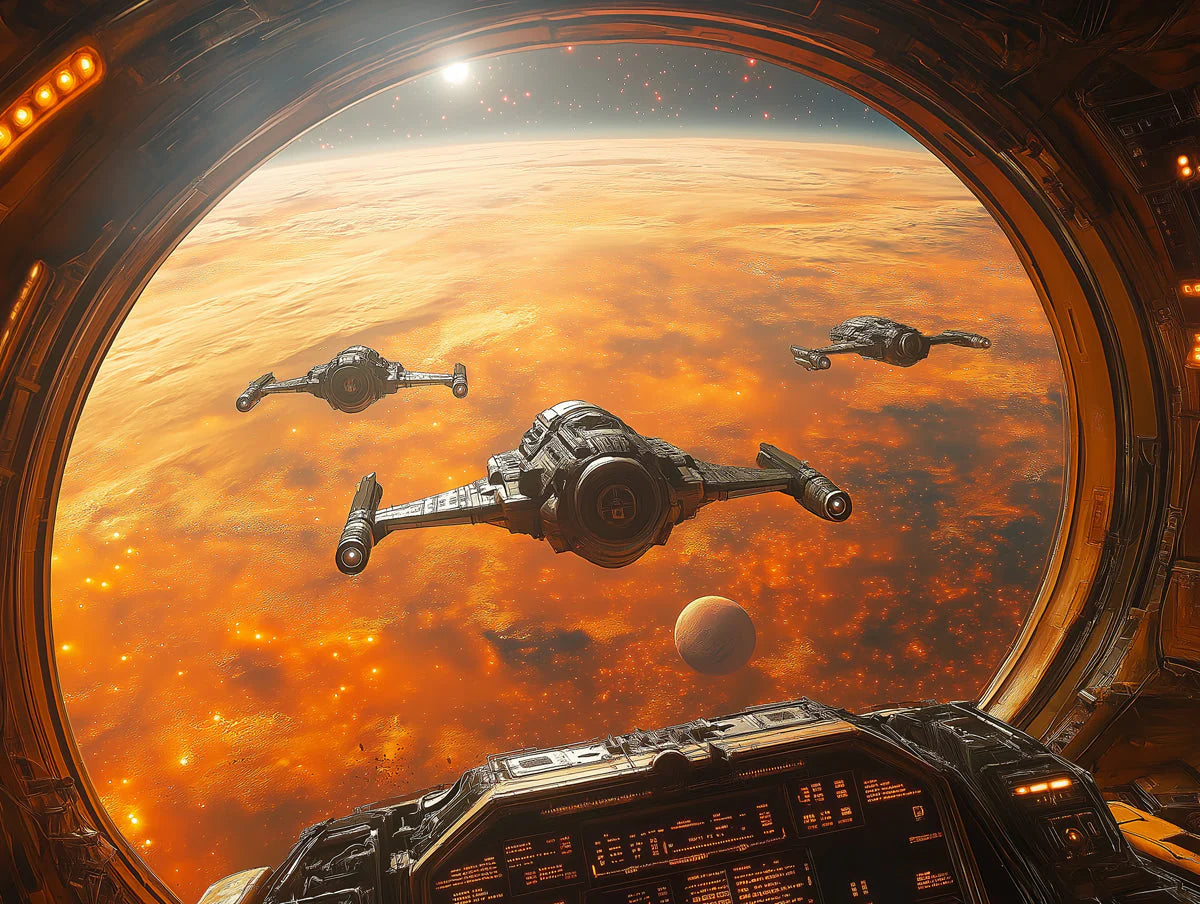 Orbital Fighter Squadron Mural Wallpaper — Futuristic Space View Mural Wallpaper - room preview 02