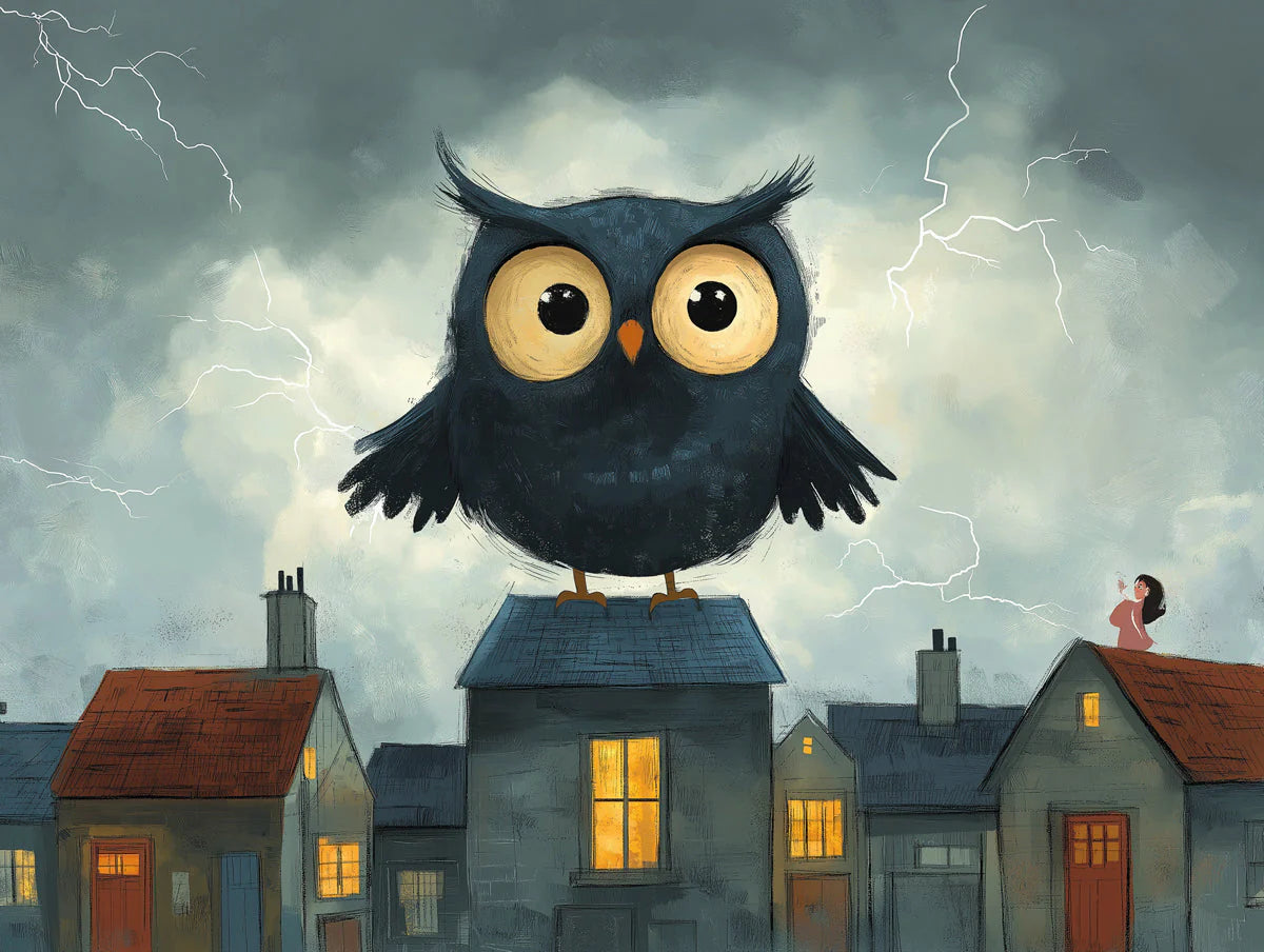 Stormy Night Owl Mural Wallpaper — Whimsical Night Scene Mural Wallpaper - room preview 02