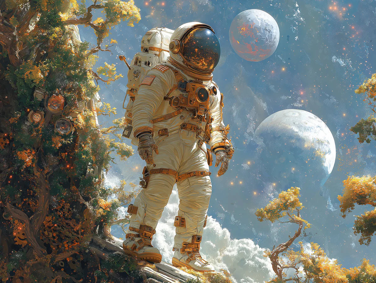 Astronaut Among Celestial Trees Mural Wallpaper — Artistic Sci-Fi Mural Wallpaper - room preview 02