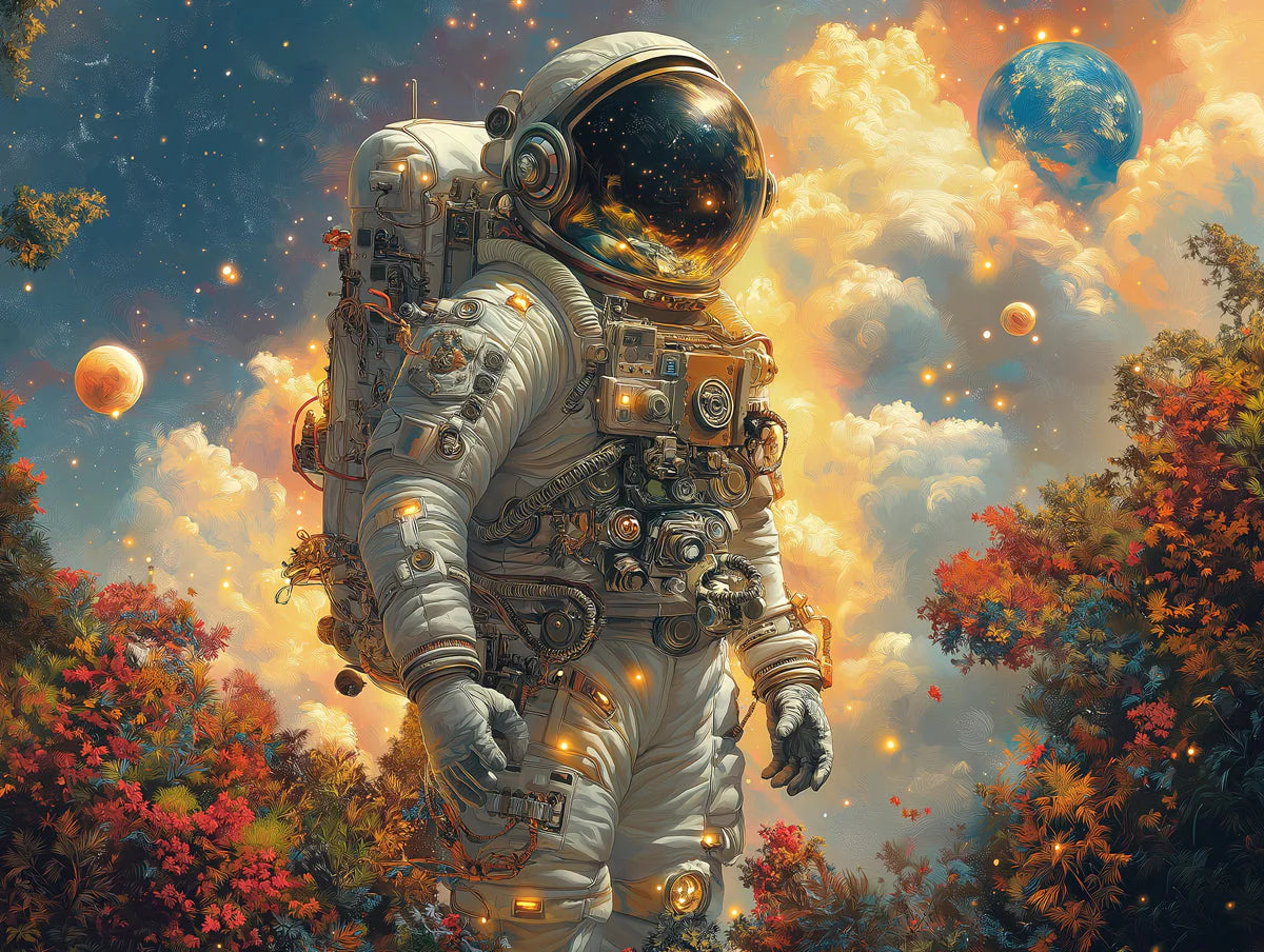 Astronaut in Celestial Forest Mural Wallpaper — Whimsical Space Art Mural Wallpaper - room preview 02