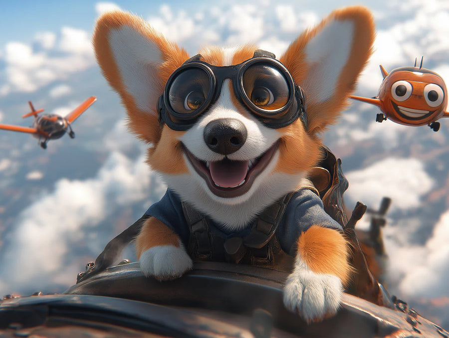 Kids Room Wallpaper Mural – Children Wall Mural for bedroom – Corgi Pilot in Bedroom Various Colors (Brown, Blue, etc.) of Corgi Pilot printable artwork