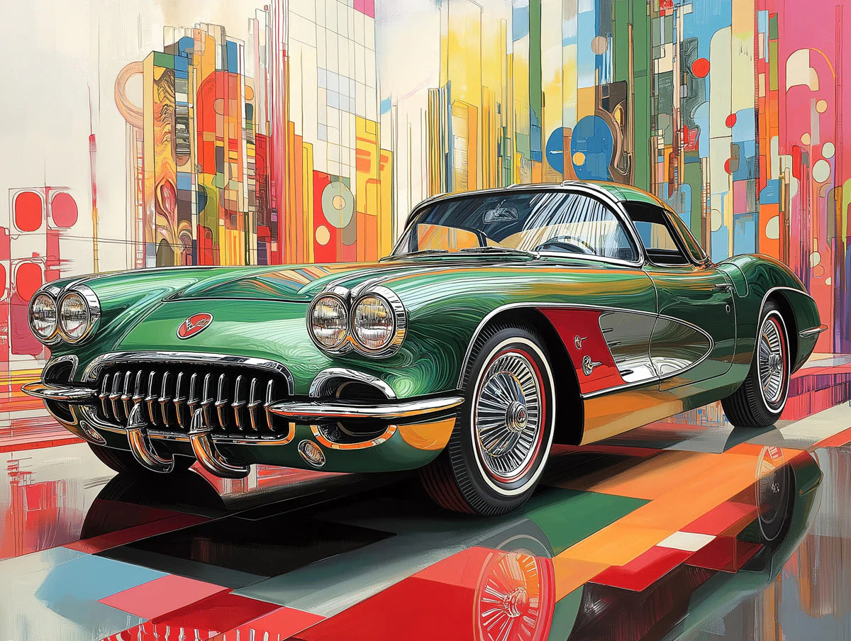 Retro Green Classic Car Mural Wallpaper — Abstract Artistic Design Mural Wallpaper - room preview 02