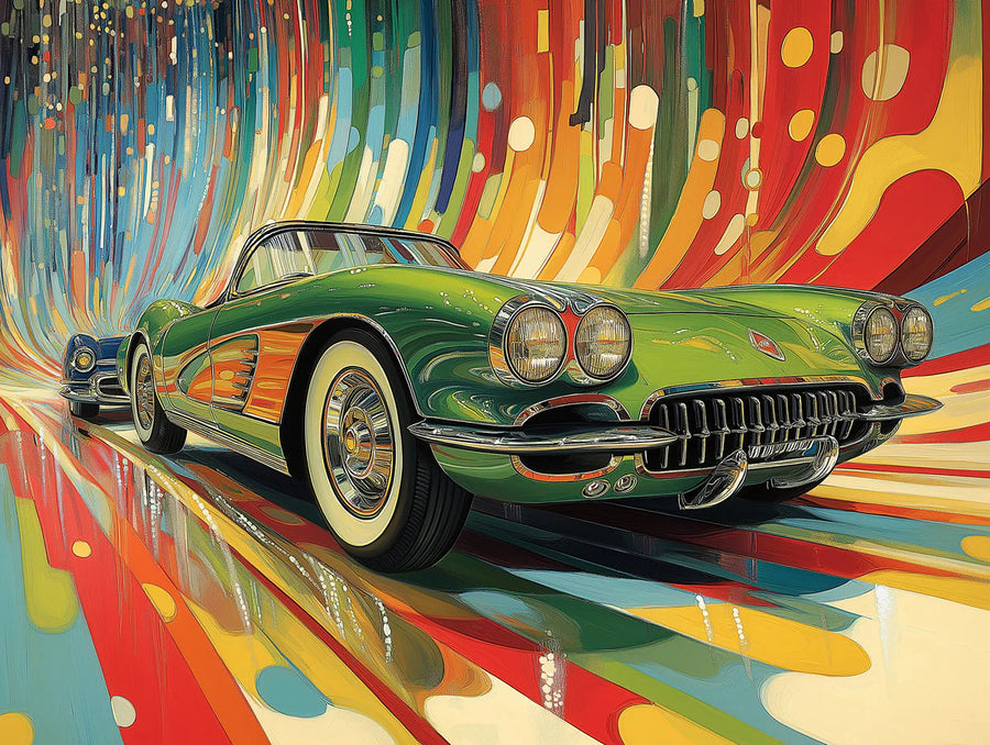 Maximalist Wallpaper Mural – Bold Colorful Wall Mural – Retro Classic Car — Vibrant Motion Design printable artwork