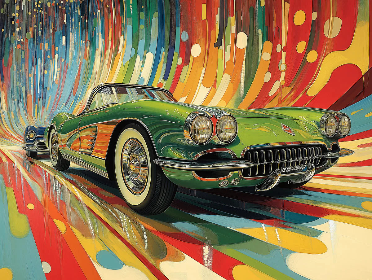 Retro Classic Car Mural Wallpaper — Vibrant Motion Design Mural Wallpaper - room preview 02