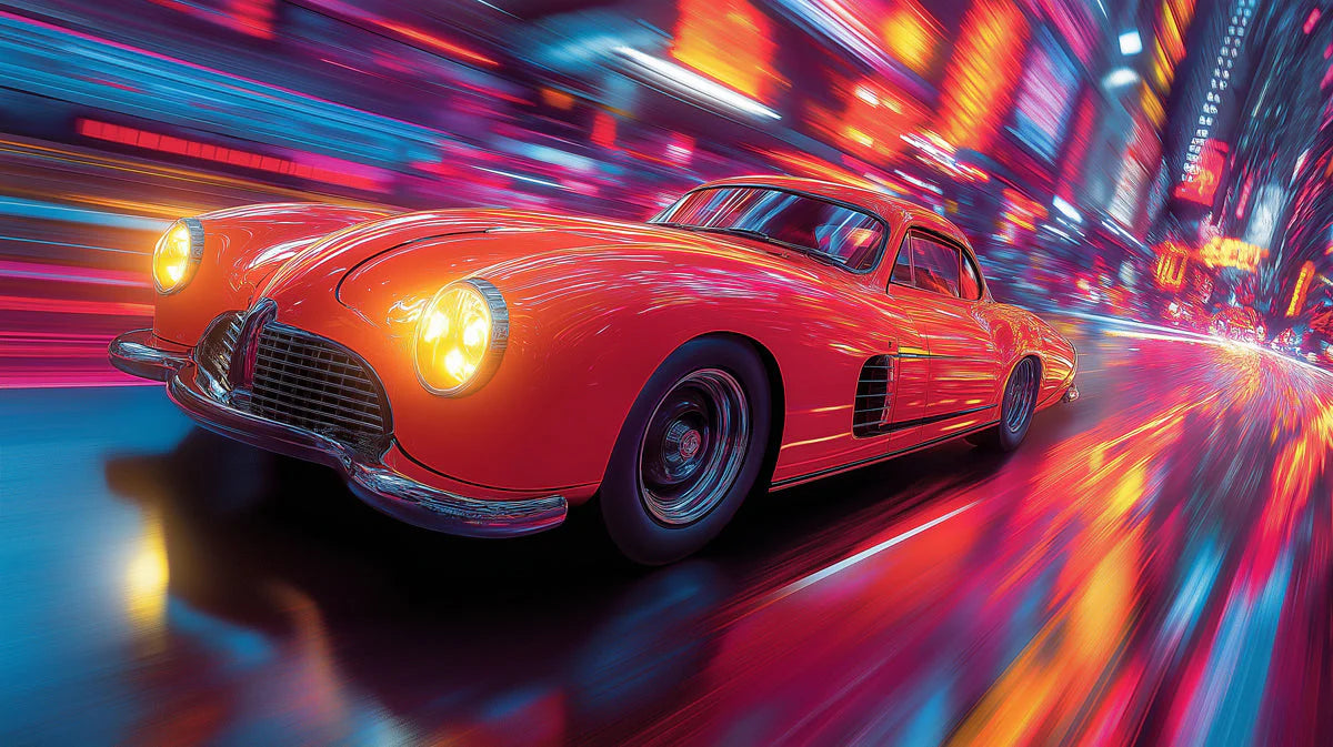 Vintage Red Sportscar Motion Mural Wallpaper — Energetic Aesthetic Mural Wallpaper - room preview 02