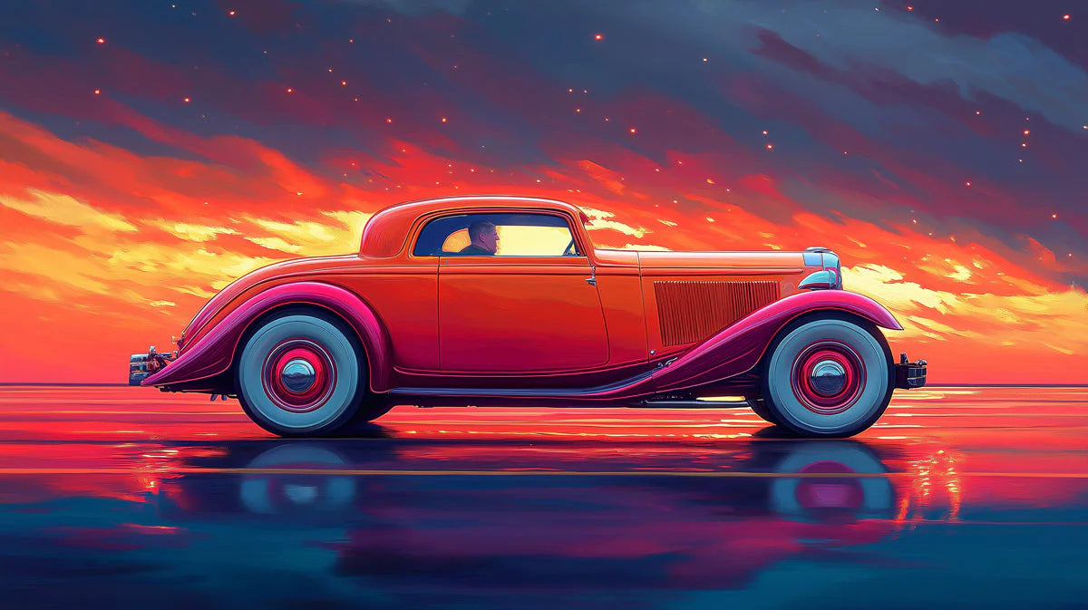 Vintage Hot Rod Sunset Mural Wallpaper — Cinematic Automotive Art Mural Wallpaper - room preview 02