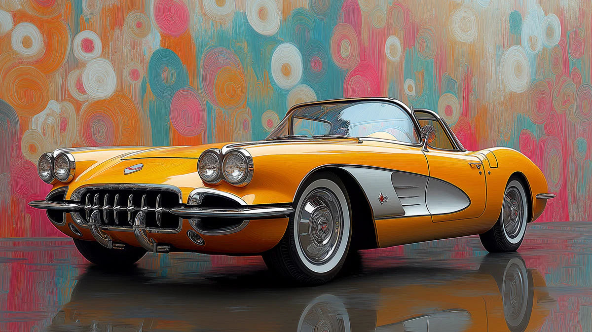 Vintage Yellow Classic Car Mural Wallpaper — Retro Art Style Mural Wallpaper - room preview 02