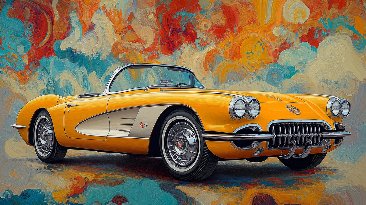 Vintage Yellow Roadster Mural Wallpaper — Expressive Artistic Design Mural Wallpaper - room preview 02