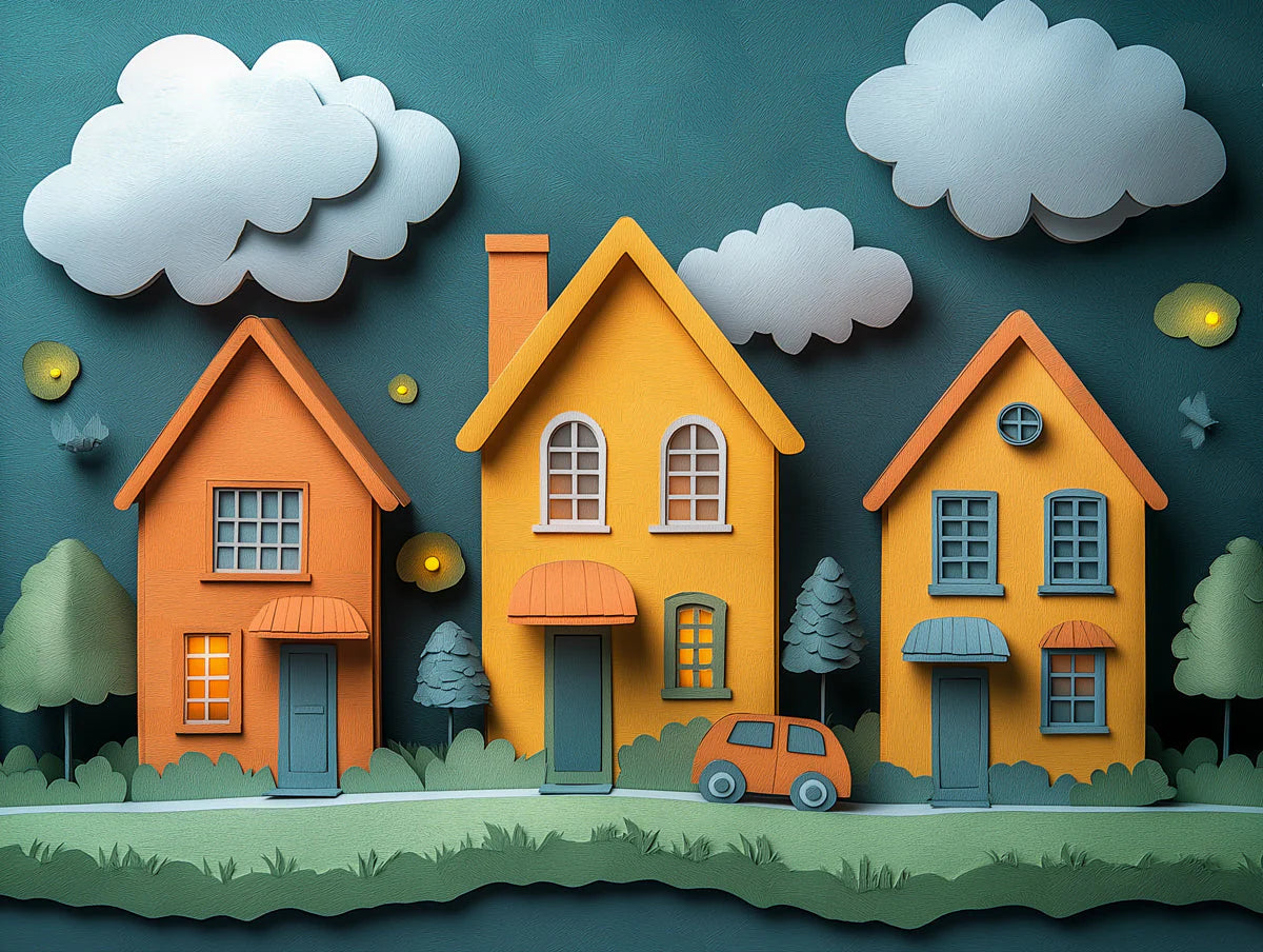 Paper Village Mural Wallpaper — Whimsical Townhouse Scene Mural Wallpaper - room preview 02
