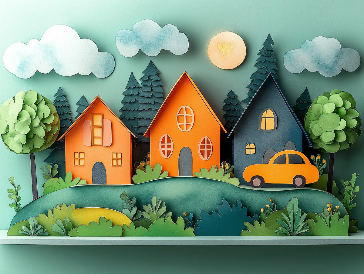 Papercraft Village Mural Wallpaper — Whimsical Town Scene Mural Wallpaper - room preview 02