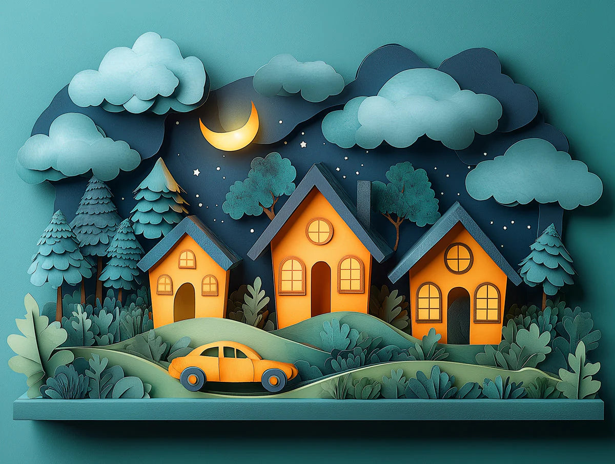 Night Village Papercut Mural Wallpaper — Whimsical Storytelling Mural Wallpaper - room preview 02