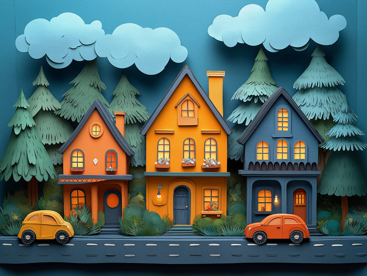 Cozy Neighborhood Mural Wallpaper — Whimsical Papercraft Style Mural Wallpaper - room preview 02