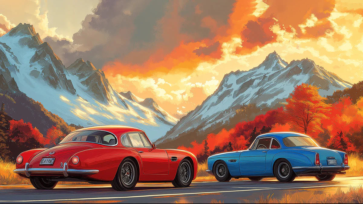 Vintage Classic Cars Mountain Sunset Mural Wallpaper - room preview 02