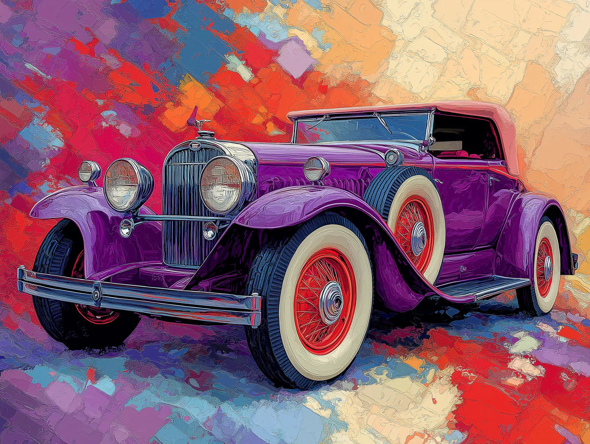 Vintage Purple Roadster Mural Wallpaper — Artistic Retro Car Design Mural Wallpaper - room preview 02