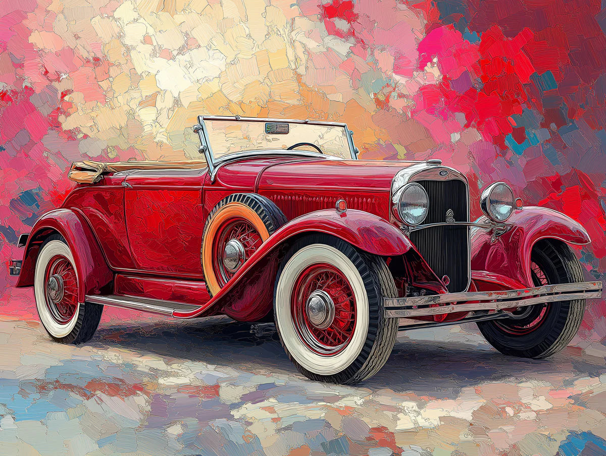 Vintage Red Roadster Mural Wallpaper — Artistic Retro Motor Motif Mural Wallpaper - room preview 02