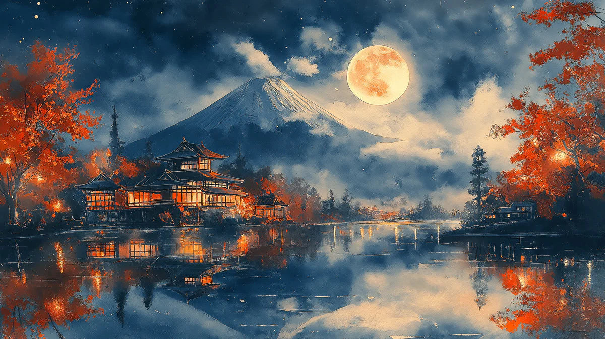 Japanese Mount Fuji Night Mural Wallpaper — Artistic Landscape Mural Wallpaper - room preview 02