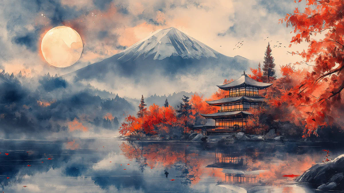 Mount Fuji Night Landscape Mural Wallpaper — Painterly Japanese Art Mural Wallpaper - room preview 02