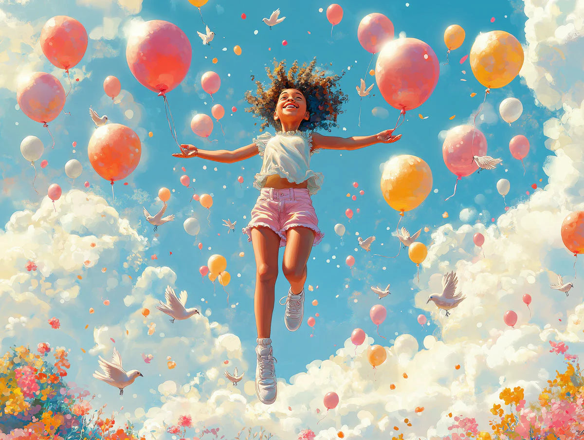 Girl with Floating Balloons Mural Wallpaper — Whimsical Sky Mural Mural Wallpaper - room preview 02