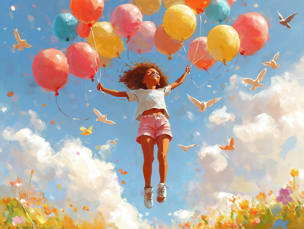 Girl Floating with Balloons Mural Wallpaper —Whimsical Sky Design Mural Wallpaper - room preview 02