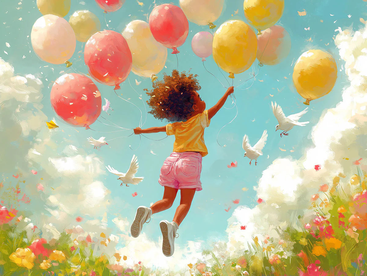 Floating Girl and Balloons Mural Wallpaper — Whimsical Sky Scene Mural Wallpaper - room preview 02