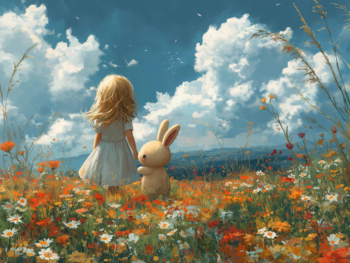 Girl and Bunny Meadow Mural Wallpaper — Whimsical Field Illustration Mural Wallpaper - room preview 02
