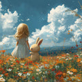 Girl and Bunny Meadow Mural Wallpaper — Whimsical Field Illustration Mural Wallpaper - room preview 02