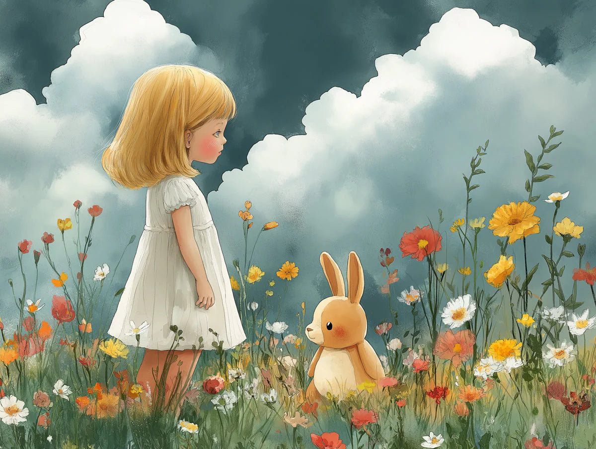 Girl and Rabbit Meadow Mural Wallpaper — Whimsical Storybook Art Mural Wallpaper - room preview 02
