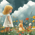 Girl and Rabbit Meadow Mural Wallpaper — Whimsical Storybook Art Mural Wallpaper - room preview 02