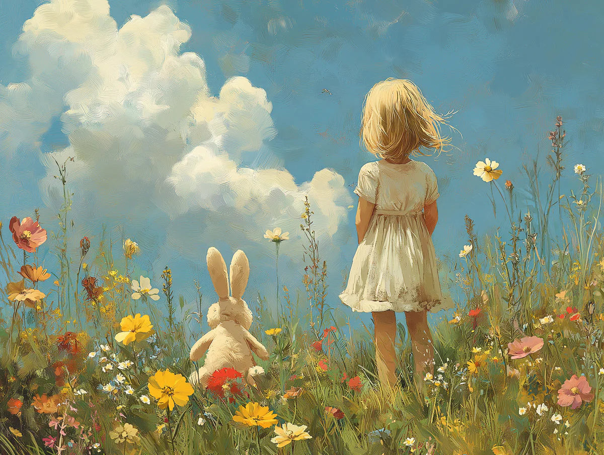 Girl and Rabbit Meadow Mural Wallpaper — Whimsical Field Scene Mural Wallpaper - room preview 02