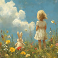 Girl and Rabbit Meadow Mural Wallpaper — Whimsical Field Scene Mural Wallpaper - room preview 02