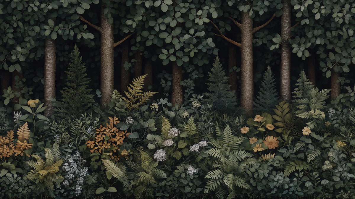 Deep Forest Botanical Mural Wallpaper — Dark Woodland Pattern Mural Wallpaper - room preview 02