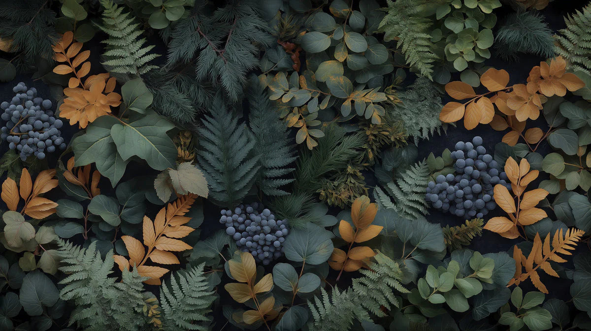 Autumn Botanical Mural Wallpaper — Deep Green and Ochre Foliage Mural Wallpaper - room preview 02
